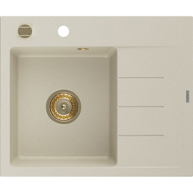 Mexen Ben évier en granit 1 bac avec égouttoir, à gauche 600 x 500 mm, beige, siphon doré - 6522605000-69-G