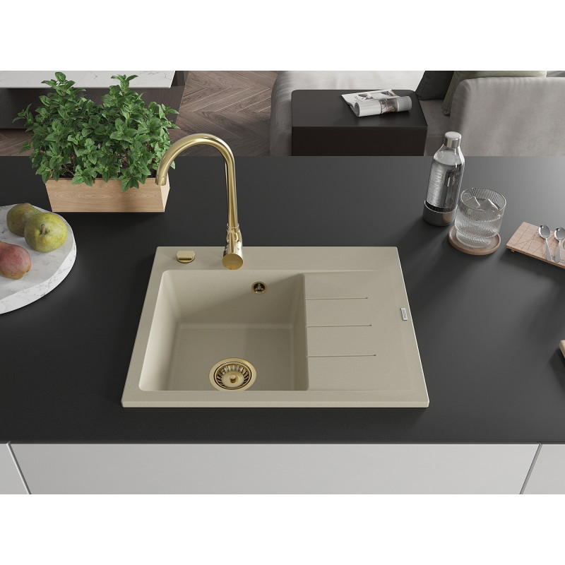 Mexen Ben granite sink 1-chamber with drainer, left 600 x 500 mm, beige, gold siphon - 6522605000-69-G