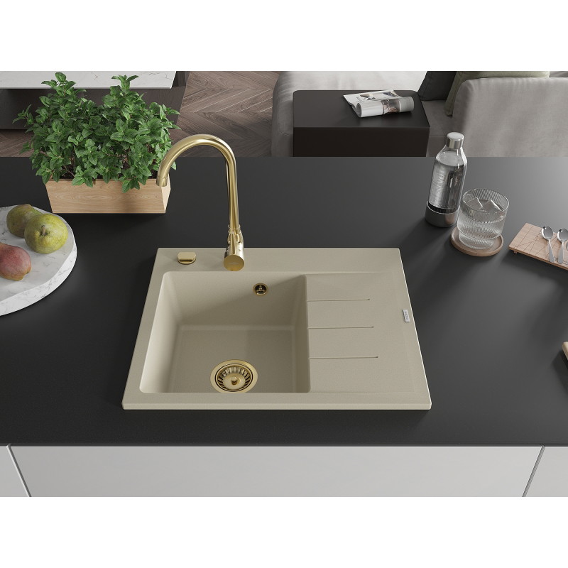 Mexen Ben zlewozmywak granitowy 1-komorowy z ociekaczem, lewy 600 x 500 mm, beżowy, syfon złoty - 6522605000-69-G