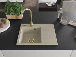 Mexen Ben Granitspüle 1-beckig mit linker Abtropffläche 600 x 500 mm, beige, goldener Siphon - 6522605000-69-G