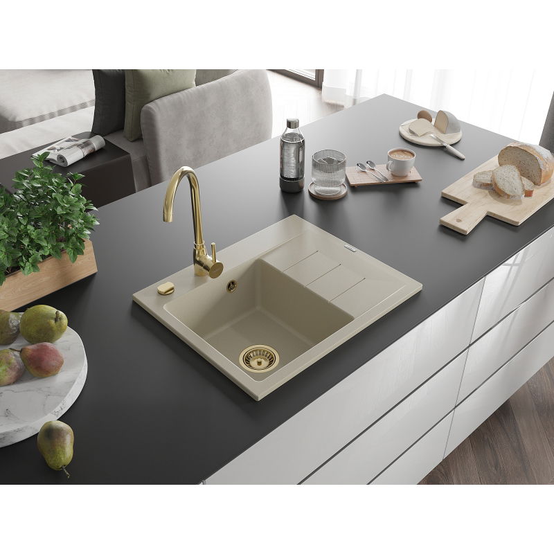 Mexen Ben granitains izlietne ar 1 nodalījumu un noteci, kreisā 600 x 500 mm, bēša, zelta sifons - 6522605000-69-G