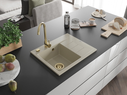 Mexen Ben fregadero de granito de 1 seno con escurridor, izquierdo 600 x 500 mm, beige, sifón dorado - 6522605000-69-G