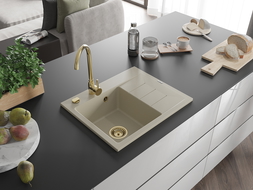 Mexen Ben granite sink 1-chamber with drainer, left 600 x 500 mm, beige, gold siphon - 6522605000-69-G