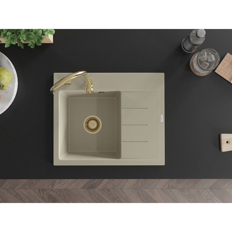 Mexen Ben Lavello in granito 1 vasca con sgocciolatoio, sinistro 600 x 500 mm, beige, sifone dorato - 6522605000-69-G