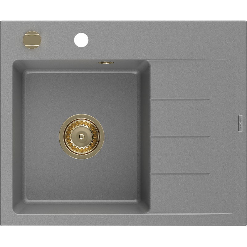 Mexen Ben lavello in granito 1-vasca con sgocciolatoio, sinistro 600 x 500 mm, grigio, sifone dorato - 6522605000-71-G