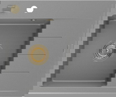 Mexen Ben granit gootsteen met 1 bak en afdruiprek, links 600 x 500 mm, grijs, gouden sifon - 6522605000-71-G