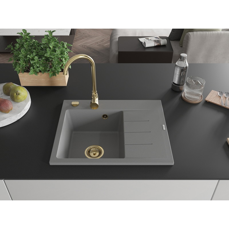 Mexen Ben granitni sudoper s 1 komorom s ocjeđivačem, lijevi 600 x 500 mm, sivi, zlatni sifon - 6522605000-71-G