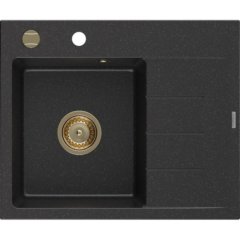 Mexen Ben fregadero de granito de un seno con escurridor, izquierdo 600 x 500 mm, negro/metálico plateado sifón dorado
