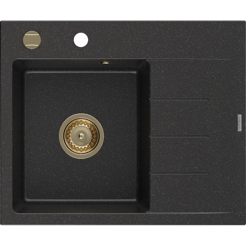 Mexen Ben zlewozmywak granitowy 1-komorowy z ociekaczem, lewy 600 x 500 mm, czarny/srebrny metalik syfon złoty - 6522605000-73-G