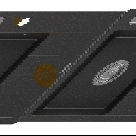 Mexen Ben granitā izlietne ar vienu bļodu un noteku, kreisā 600 x 500 mm, melns/sudraba metālisks sifons zeltā