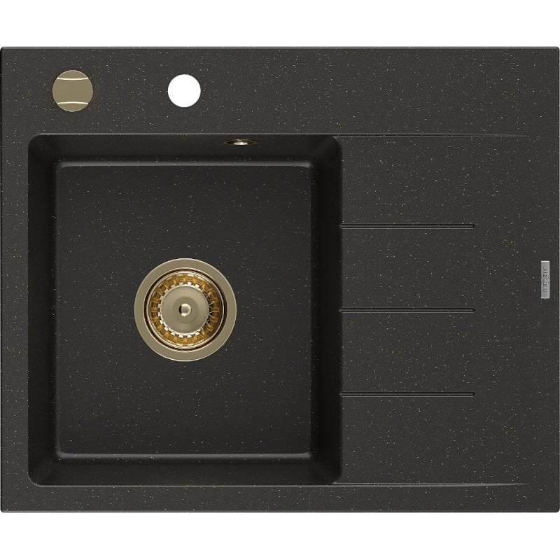 Mexen Ben Granitspüle 1-beckig mit linker Abtropffläche 600 x 500 mm, schwarz/gold metallic, goldener Siphon - 6522605000-75-G