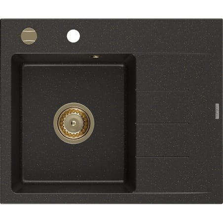 Mexen Ben fregadero de granito de 1 tazón con escurridor, izquierdo 600 x 500 mm, negro/dorado metálico, sifón dorado