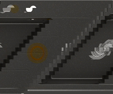 Mexen Ben fregadero de granito de 1 tazón con escurridor, izquierdo 600 x 500 mm, negro/dorado metálico, sifón dorado