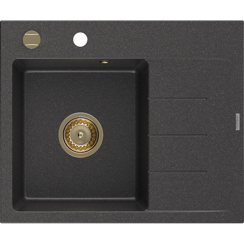 Mexen Ben Granitspüle 1-beckig mit linker Abtropffläche 600 x 500 mm, schwarz gesprenkelt, goldener Siphon - 6522605000-76-G