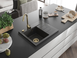 Mexen Ben Granitspüle 1-beckig mit linker Abtropffläche 600 x 500 mm, schwarz gesprenkelt, goldener Siphon - 6522605000-76-G