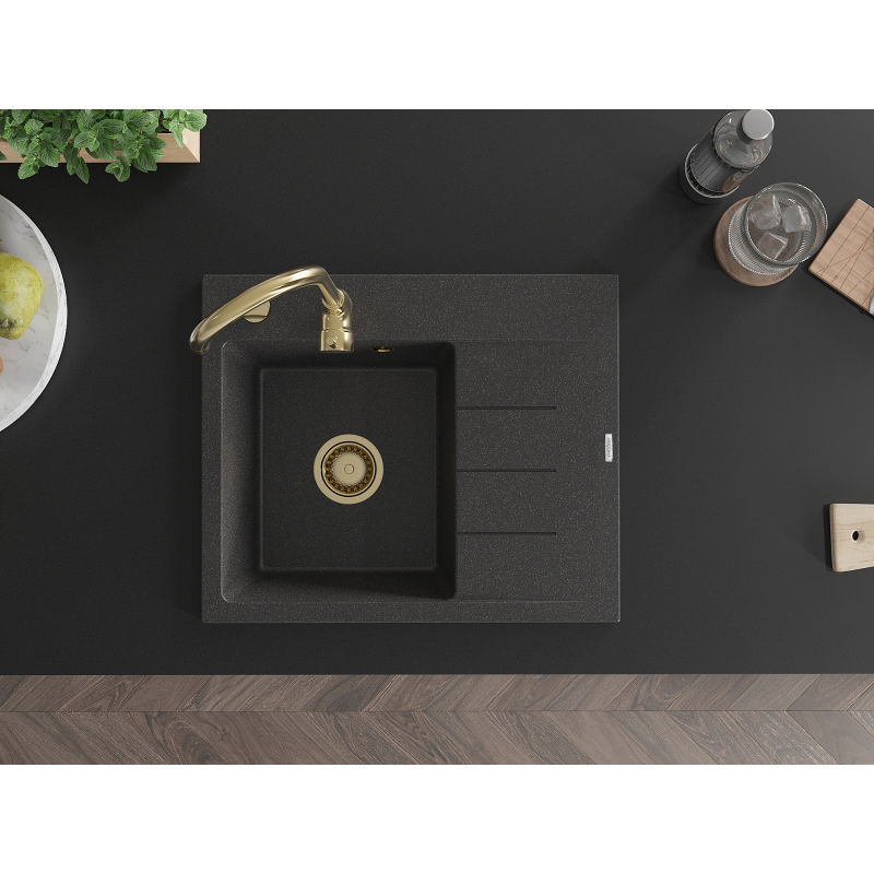 Mexen Ben Granitspüle 1-Becken mit Abtropffläche, links 600 x 500 mm, schwarz gesprenkelt, Siphon gold - 6522605000-76-G