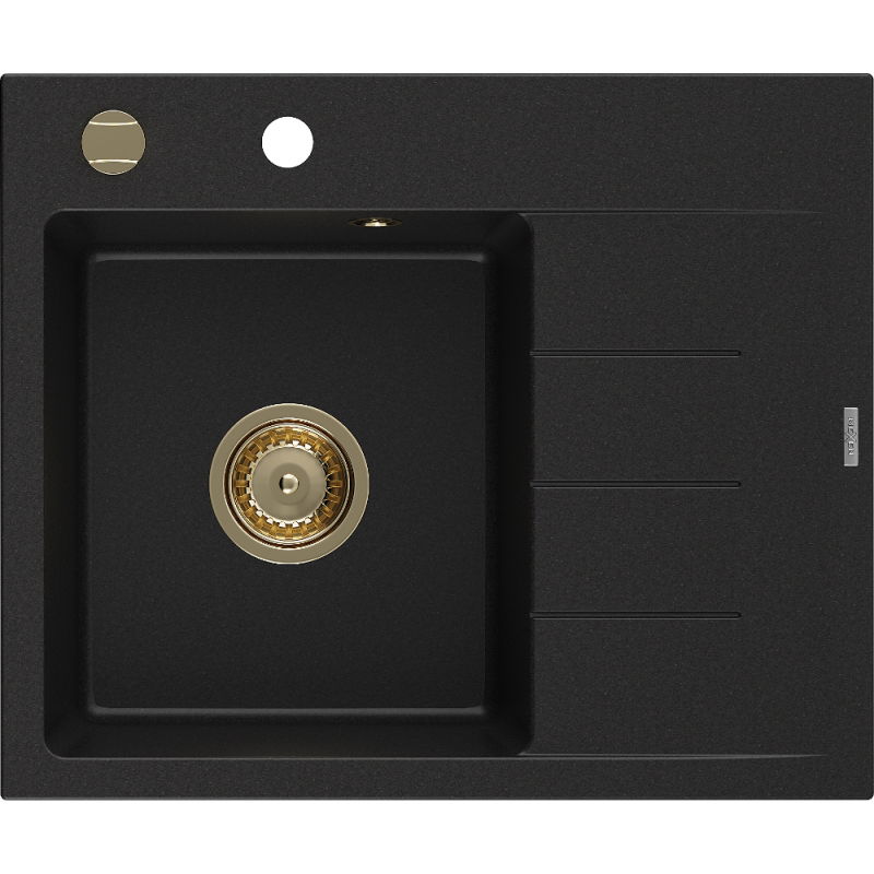 Mexen Ben Granitspüle 1-Becken mit linker Abtropffläche 600 x 500 mm, schwarz, goldener Siphon - 6522605000-77-G