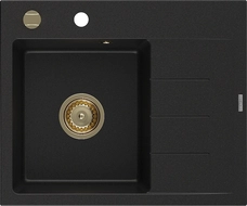 Mexen Ben évier en granit 1 bac avec égouttoir, gauche 600 x 500 mm, noir, siphon doré - 6522605000-77-G