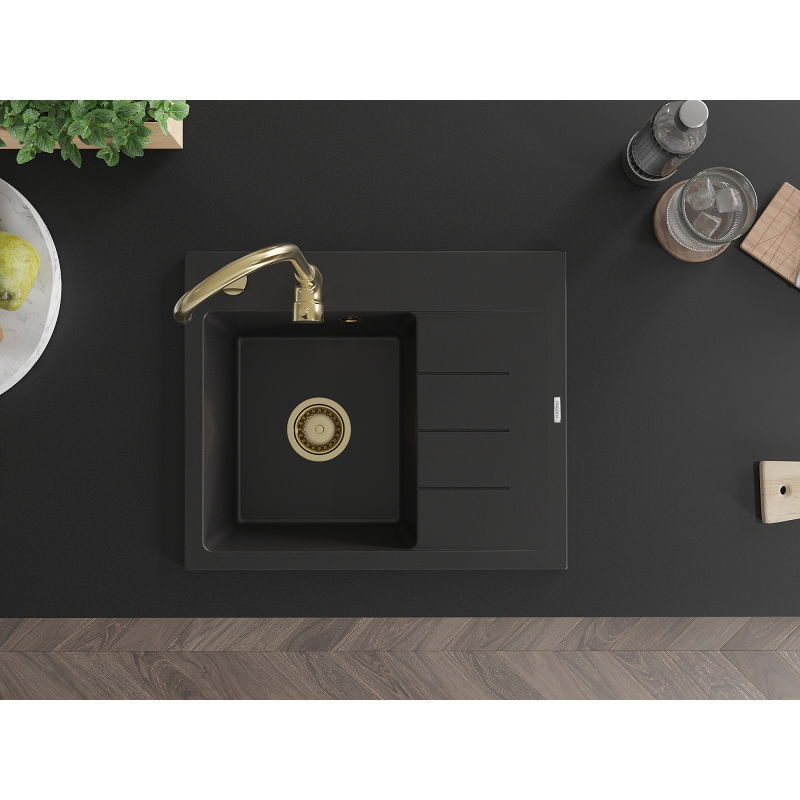 Mexen Ben fregadero de granito de 1 cubeta con escurridor, izquierdo 600 x 500 mm, negro, sifón dorado - 6522605000-77-G