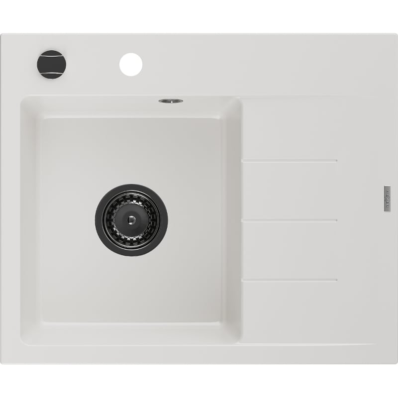 Mexen Ben granitni sudoper s jednom komorom i ocjedivačem, lijevi 600 x 500 mm, bijeli, crni sifon - 6522605000-20-B