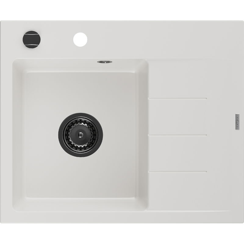 Mexen Ben granitno pomivalno korito z 1 prekatom in odcejevalnikom, levo, 600 x 500 mm, belo, sifon črn - 6522605000-20-B