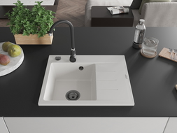 Mexen Ben fregadero de granito de 1 cubeta con escurridor, izquierdo 600 x 500 mm, blanco, sifón negro - 6522605000-20-B