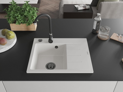 Mexen Ben zlewozmywak granitowy 1-komorowy z ociekaczem, lewy 600 x 500 mm, biały, syfon czarny - 6522605000-20-B