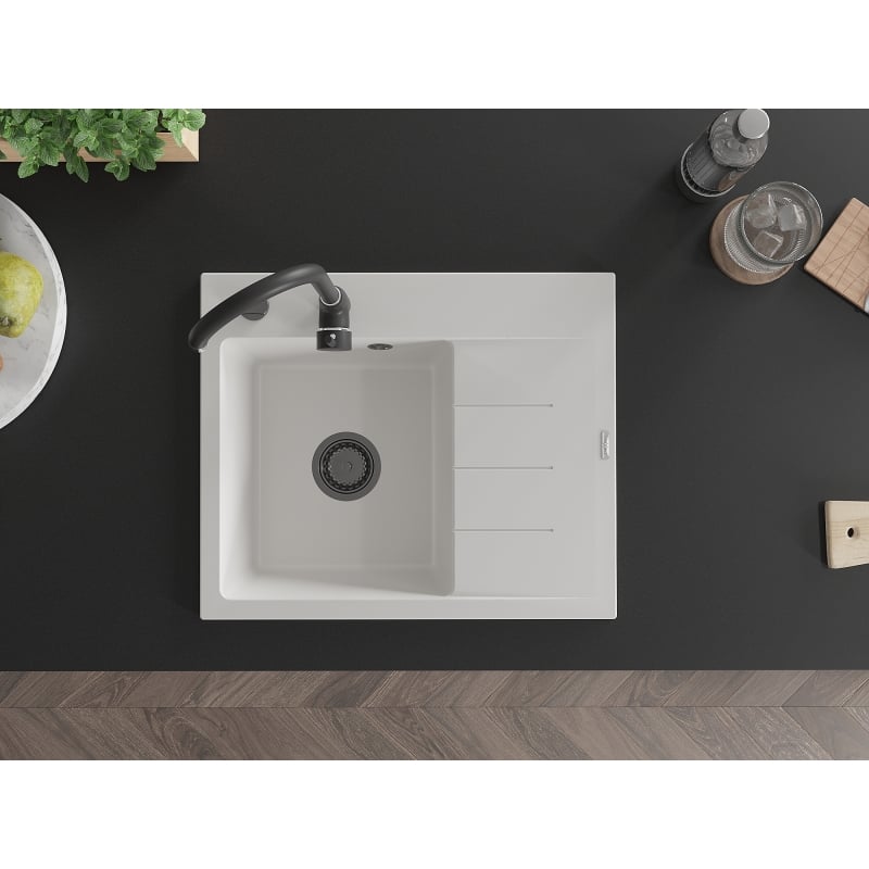 Mexen Ben évier en granit 1 bac avec égouttoir, gauche 600 x 500 mm, blanc, siphon noir - 6522605000-20-B