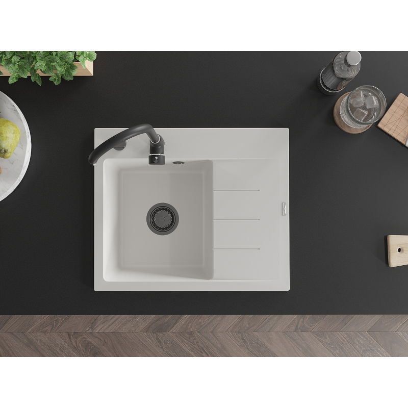 Mexen Ben granitno pomivalno korito z 1 prekatom in odcejevalnikom, levo, 600 x 500 mm, belo, sifon črn - 6522605000-20-B