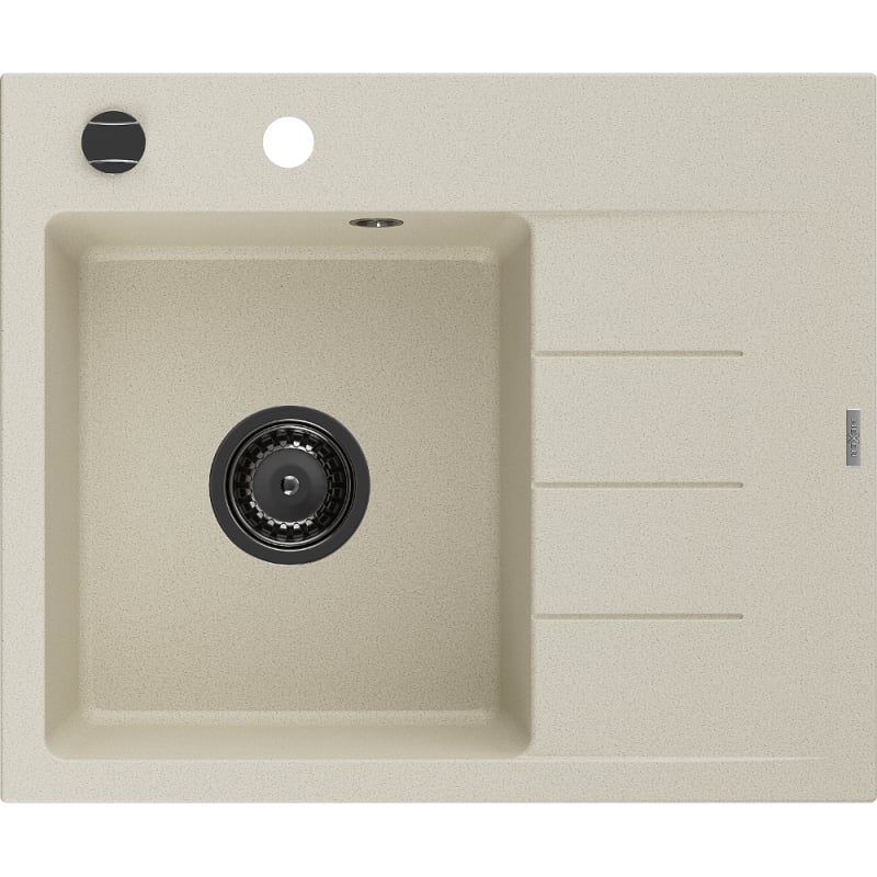 Mexen Ben fregadero de granito de 1 cubeta con escurridor, izquierdo 600 x 500 mm, beige, sifón negro - 6522605000-69-B