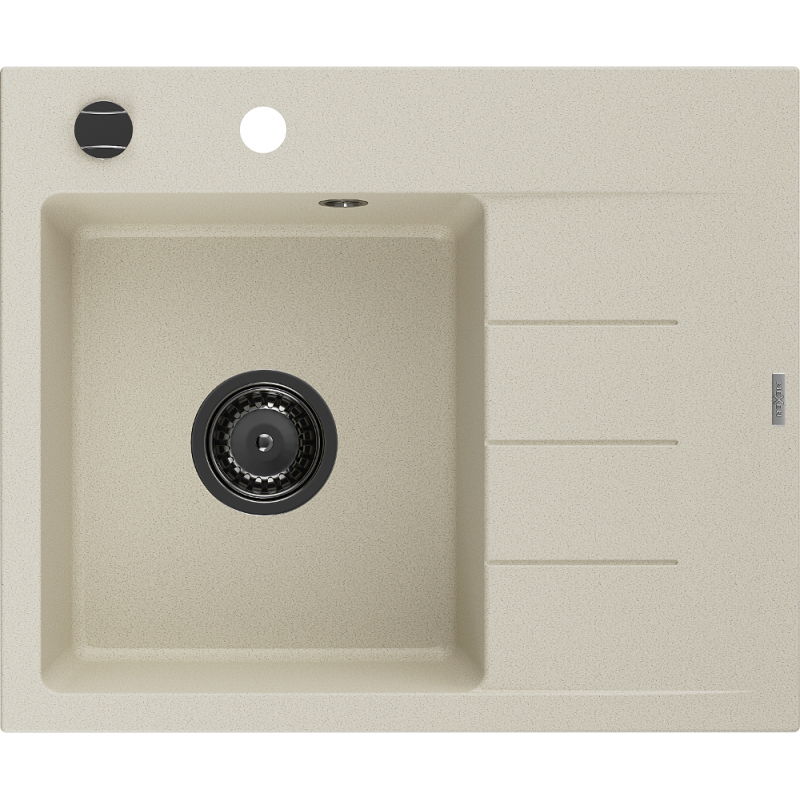 Mexen Ben granieten spoelbak 1-komers met linker afdruiprek 600 x 500 mm, beige, zwarte sifon - 6522605000-69-B