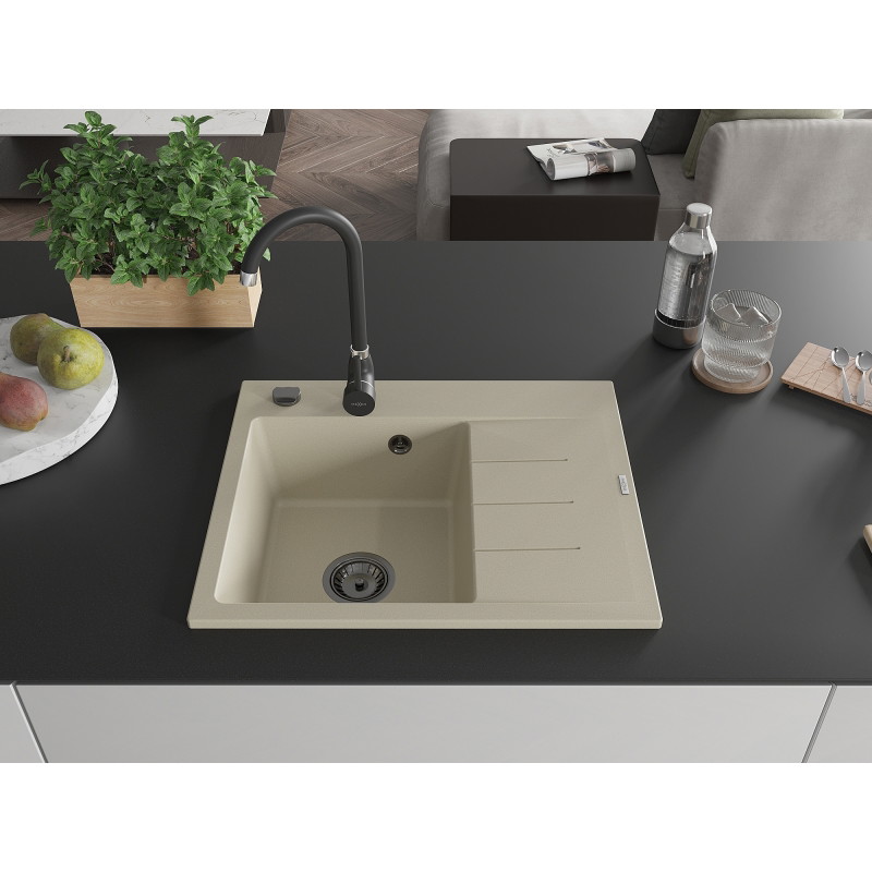 Mexen Ben graniitvalamu 1-kauss nõrgumisalusega, vasak 600 x 500 mm, beež, must sifoon - 6522605000-69-B
