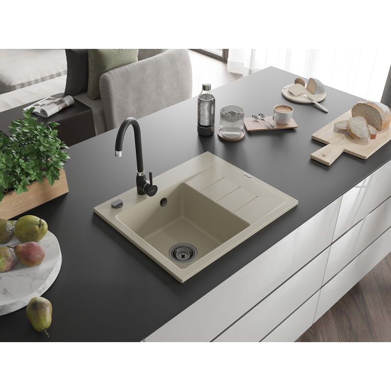 Mexen Ben fregadero de granito de 1 cubeta con escurridor, izquierdo 600 x 500 mm, beige, sifón negro - 6522605000-69-B