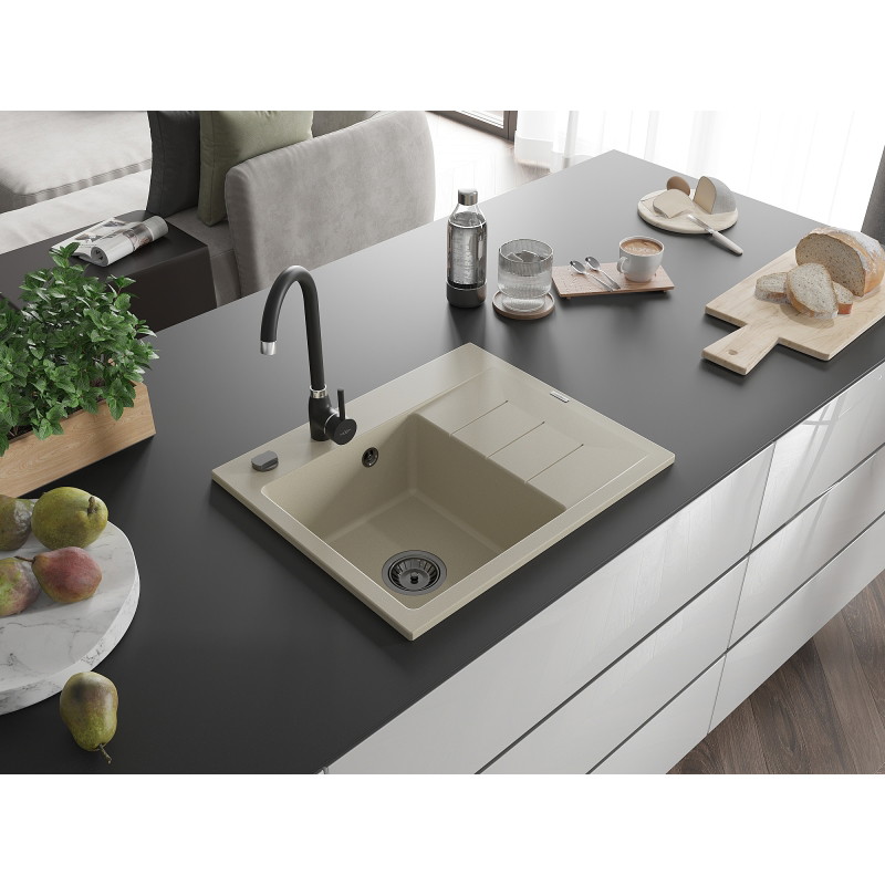 Mexen Ben granitni sudoper s 1 komorom s ocjednom, lijevi 600 x 500 mm, bež, crni sifon - 6522605000-69-B