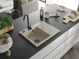 Mexen Ben granieten spoelbak 1-komers met linker afdruiprek 600 x 500 mm, beige, zwarte sifon - 6522605000-69-B