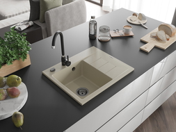 Mexen Ben Granitspüle ein Becken mit Abtropffläche, links 600 x 500 mm, beige, schwarzer Siphon - 6522605000-69-B