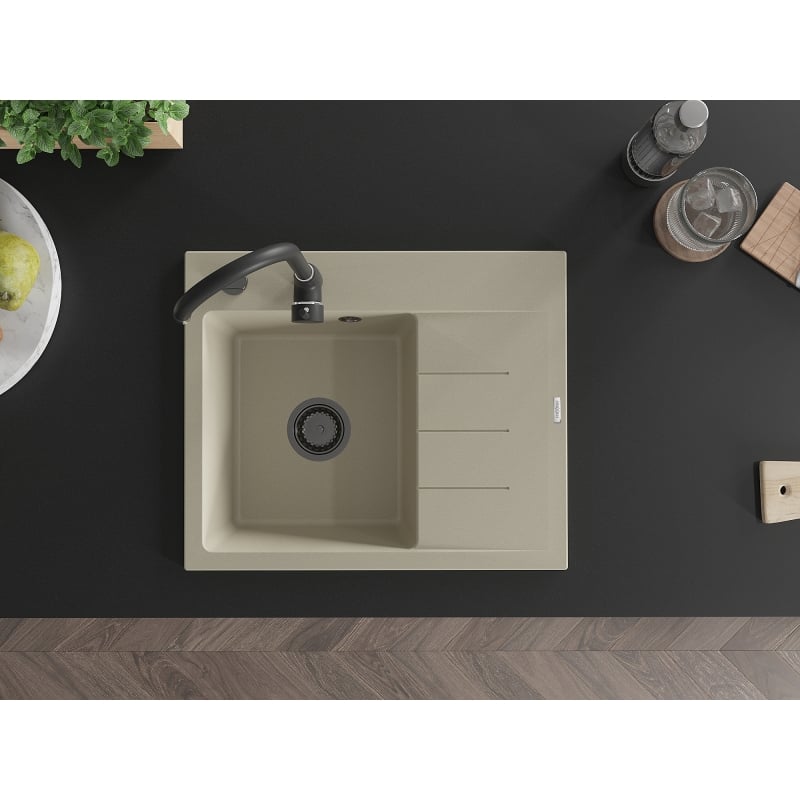 Mexen Ben fregadero de granito de 1 cubeta con escurridor, izquierdo 600 x 500 mm, beige, sifón negro - 6522605000-69-B