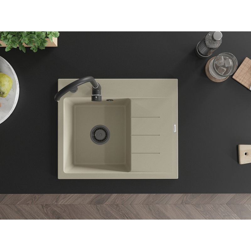 Mexen Ben lavello da cucina in granito con 1 vasca e scolapiatti, sinistro 600 x 500 mm, beige, sifone nero - 6522605000-69-B