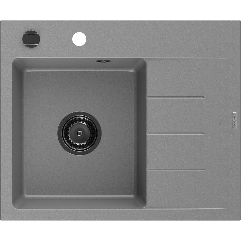 Mexen Ben granitstenen spoelbak met 1 kom en afdruiprek, links 600 x 500 mm, grijs, zwarte sifon - 6522605000-71-B