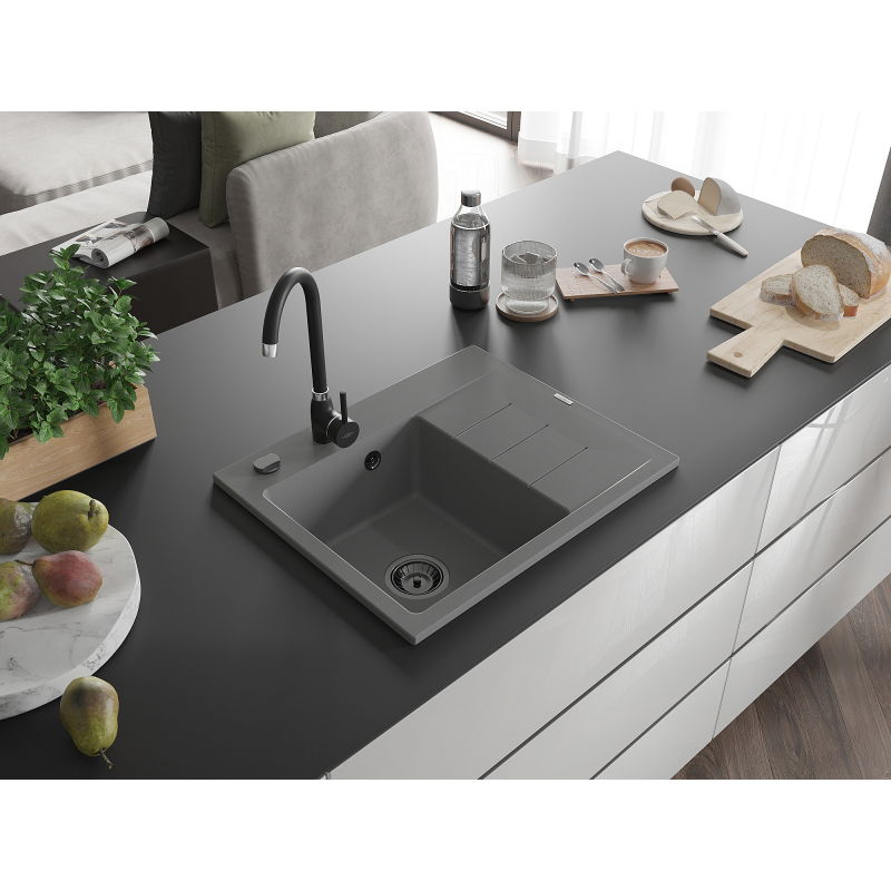 Mexen Ben fregadero de granito de 1 cubeta con escurridor, izquierdo 600 x 500 mm, gris, sifón negro - 6522605000-71-B