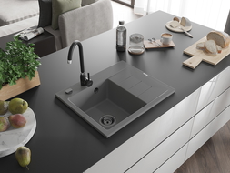 Mexen Ben granite sink 1-bowl with left drainer 600 x 500 mm, gray, black siphon - 6522605000-71-B