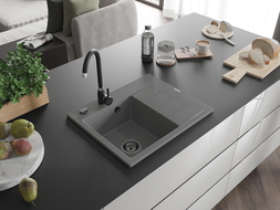 Mexen Ben Granitspüle 1-beckig mit Abtropffläche, links 600 x 500 mm, grau, schwarzer Siphon - 6522605000-71-B