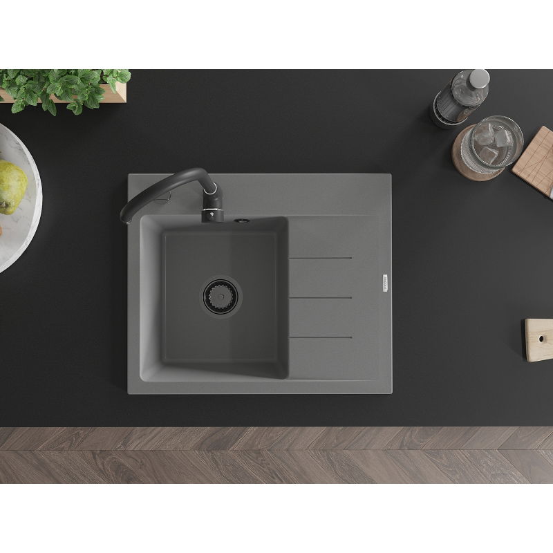 Mexen Ben lavello in granito 1-vasca con sgocciolatoio, sinistro 600 x 500 mm, grigio, sifone nero - 6522605000-71-B