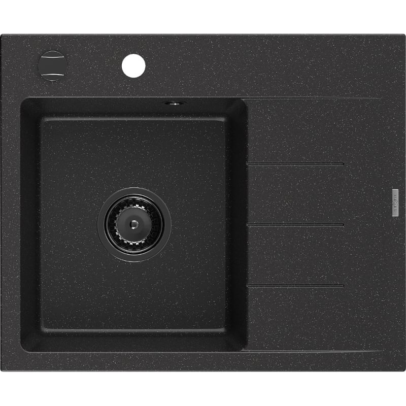 Mexen Ben Granitspüle 1-Becken mit linker Abtropffläche 600 x 500 mm schwarz/silber metallic, schwarze Siphon - 6522605000-73-B