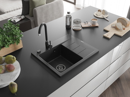 Mexen Ben Granit-Spüle 1-komorige mit Abtropffläche, links 600 x 500 mm schwarz/silber-metallic Siphon schwarz