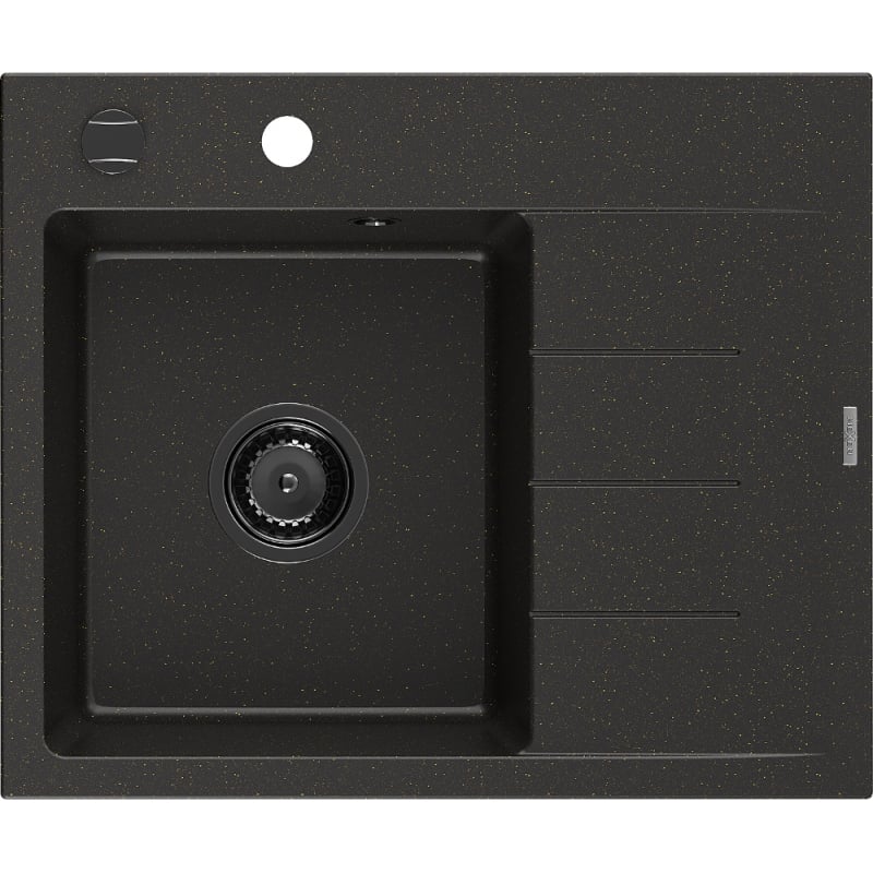 Mexen Ben évier en granit 1 bac avec égouttoir, gauche 600 x 500 mm, noir/or métallique, siphon noir - 6522605000-75-B