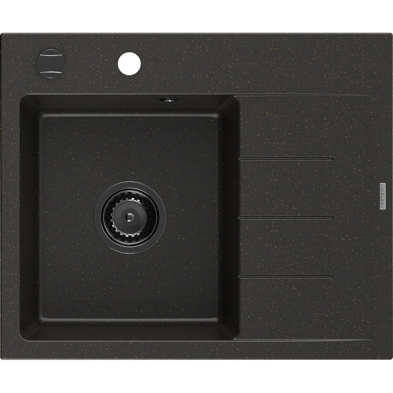 Mexen Ben Granitspüle mit 1 Becken und Abtropffläche, links 600 x 500 mm, schwarz/gold metallic, schwarzer Siphon