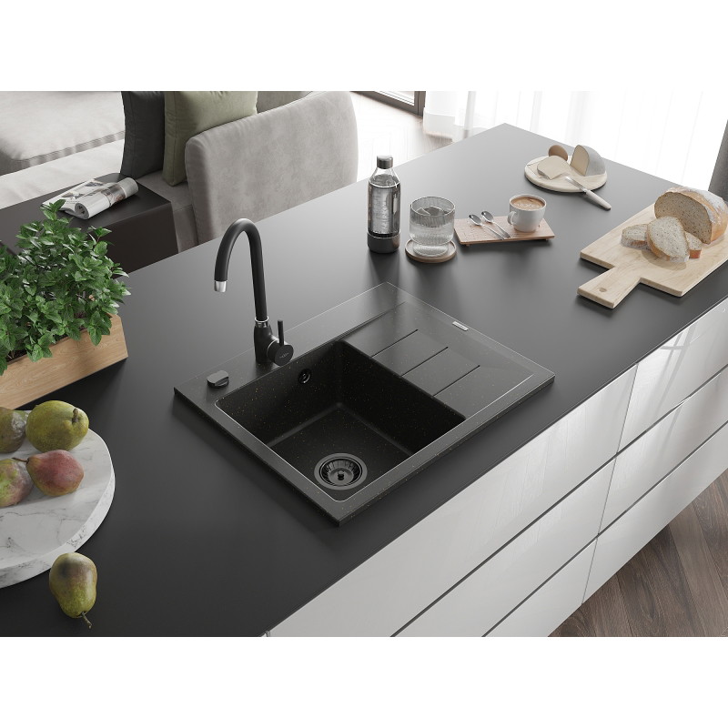Mexen Ben graniidist valamu 1-kambriga nõrutusala, vasak 600 x 500 mm, must/kuldne metallik, sifoon must - 6522605000-75-B