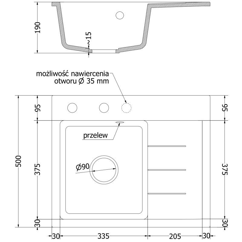 Mexen Ben graniidist valamu 1-kambriga nõrutusala, vasak 600 x 500 mm, must/kuldne metallik, sifoon must - 6522605000-75-B