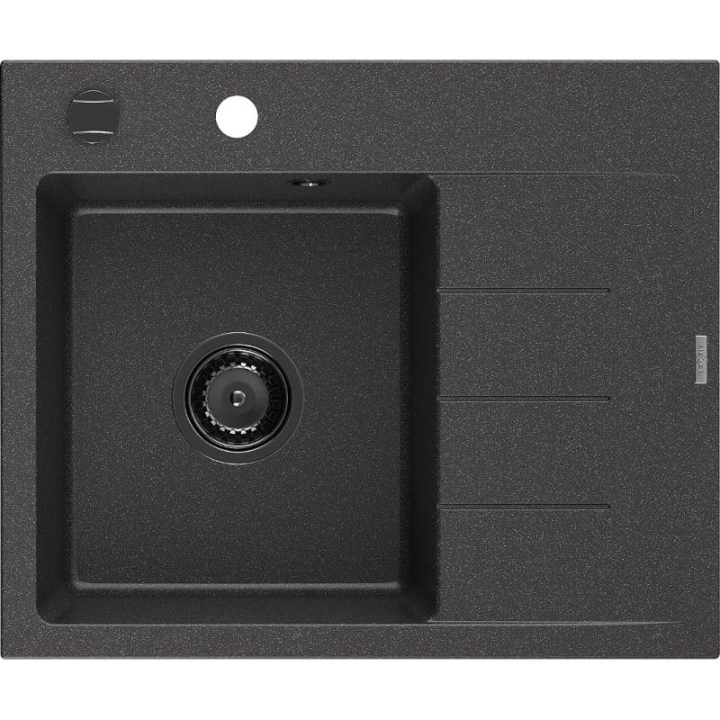 Mexen Ben Granitspüle 1-Becken mit linken Abtropffläche 600 x 500 mm, schwarz gesprenkelt, schwarzer Siphon - 6522605000-76-B